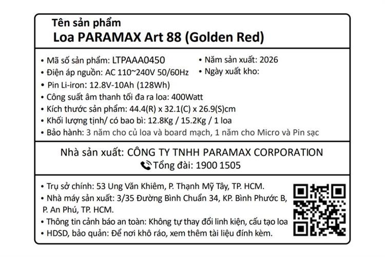 Loa karaoke xách tay PARAMAX Art 88 400W Màu Đỏ