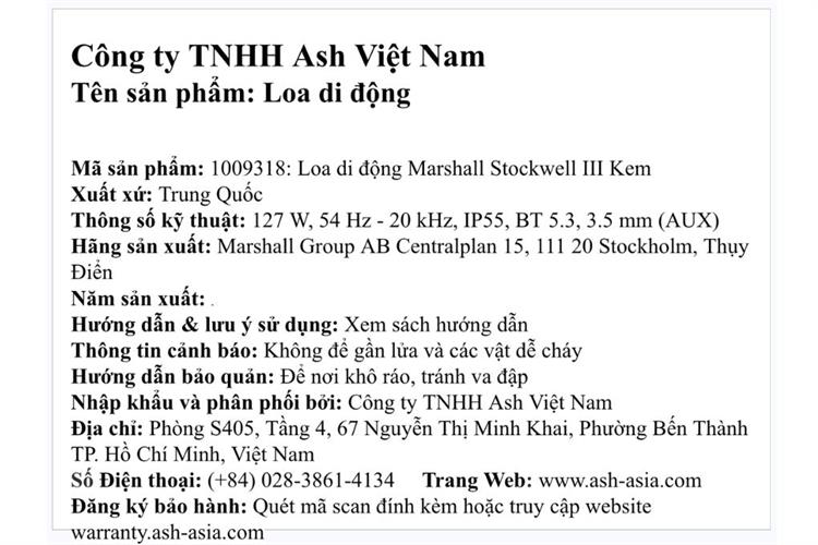 Loa Bluetooth Marshall Stockwell III Màu Kem