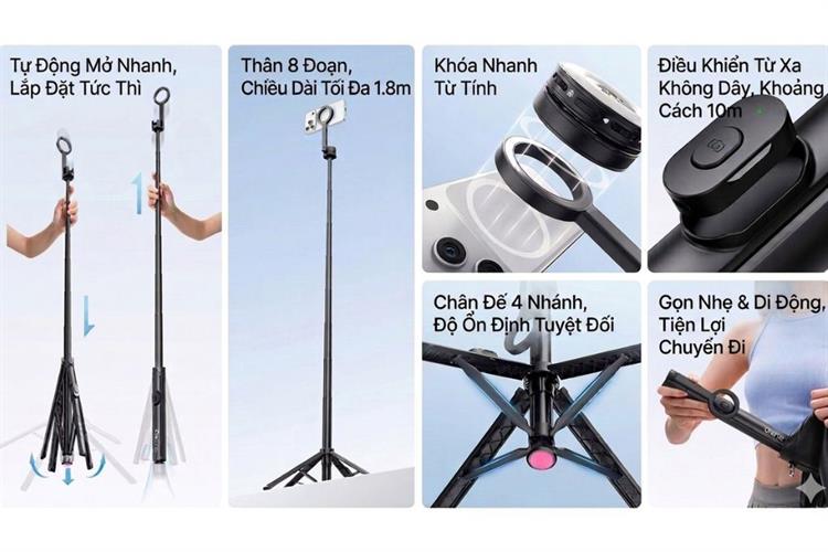 Chân Tripod Magnetic Tự Bung Chân Nhanh 1.8m Ulanzi SK-21 Màu Đen