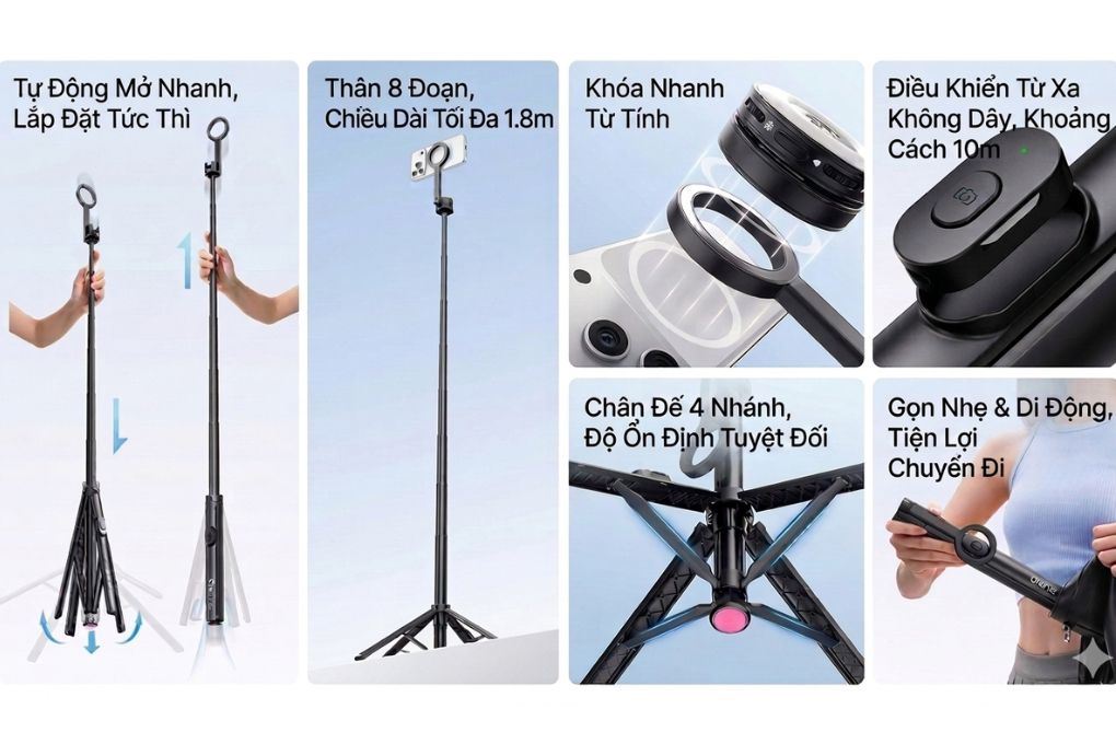 Chân Tripod Magnetic Tự Bung Chân Nhanh 1.8m Ulanzi SK-21 Màu Đen
