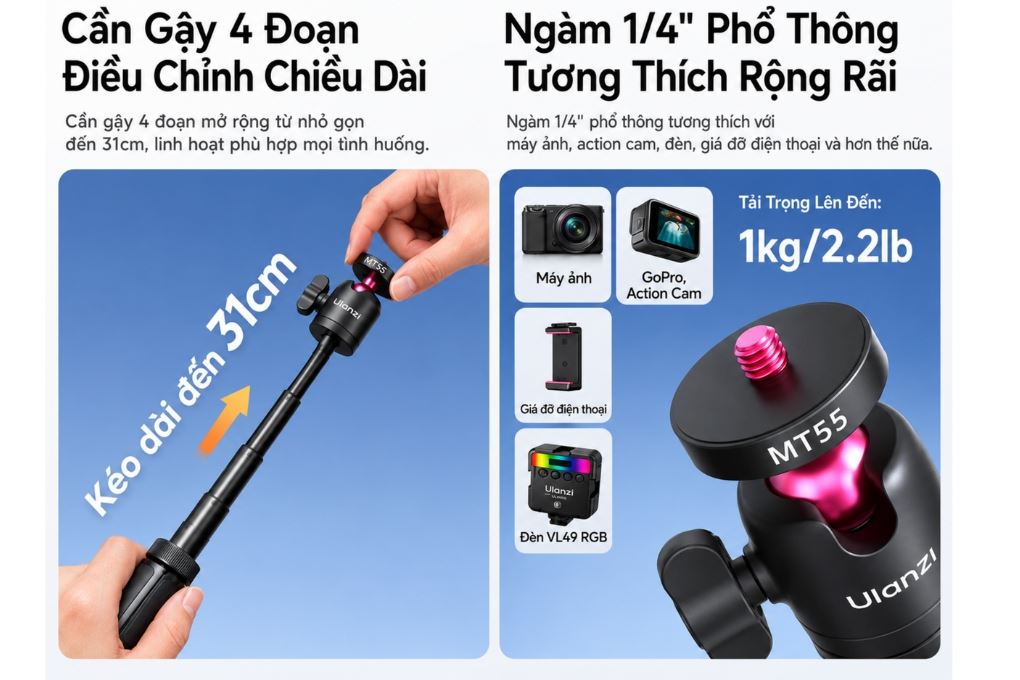 Chân Tripod Mini Kiêm Gậy Selfie 31cm Ulanzi SnapGo MT55 Màu Đen