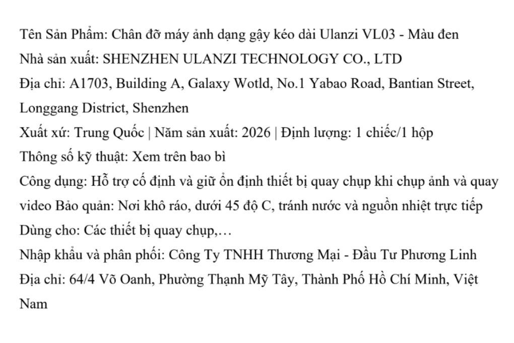 Gậy Selfie Ẩn Dùng Cho Action Camera 101.5cm Ulanzi VL03 Màu Đen