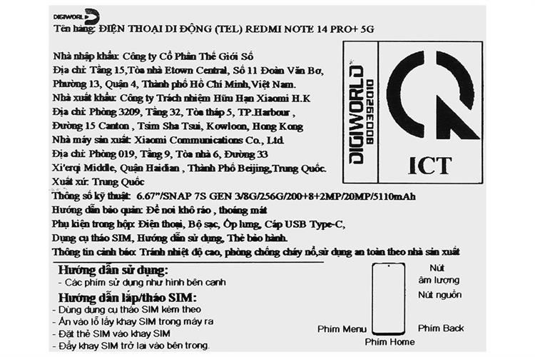 Điện thoại Xiaomi Redmi Note 14 Pro+ 5G 8GB/256GB Màu Tím