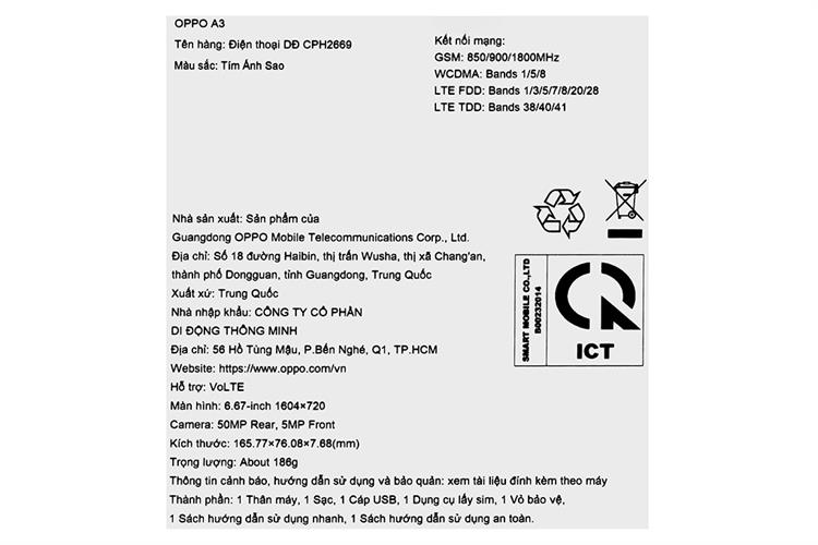 Điện thoại OPPO A3 6GB/128GB Màu Tím