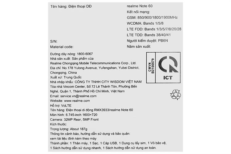 Điện thoại realme Note 60 6GB/128GB Màu Xanh