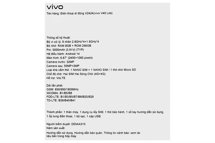 Điện thoại vivo V40 Lite 8GB/256GB Màu Đen