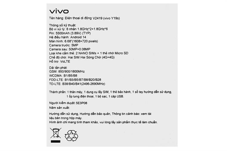 Điện thoại vivo Y19s 8GB/128GB Màu Bạc