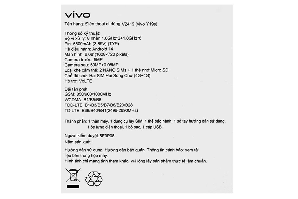 Điện thoại vivo Y19s 6GB/128GB Màu Bạc