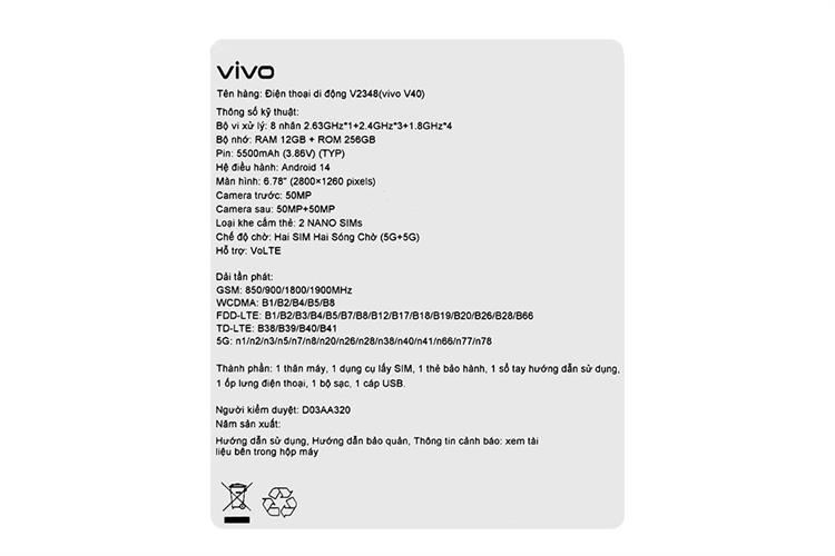 Điện thoại vivo V40 5G 12GB/256GB Màu Bạc