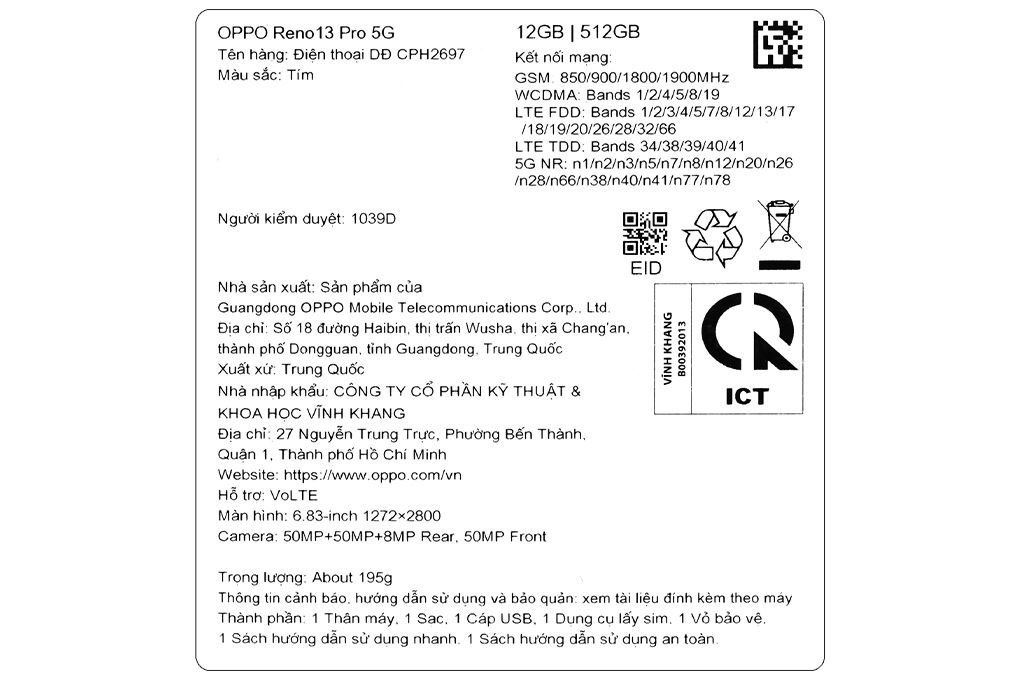 Điện thoại OPPO Reno13 Pro 5G 12GB/512GB Màu Tím