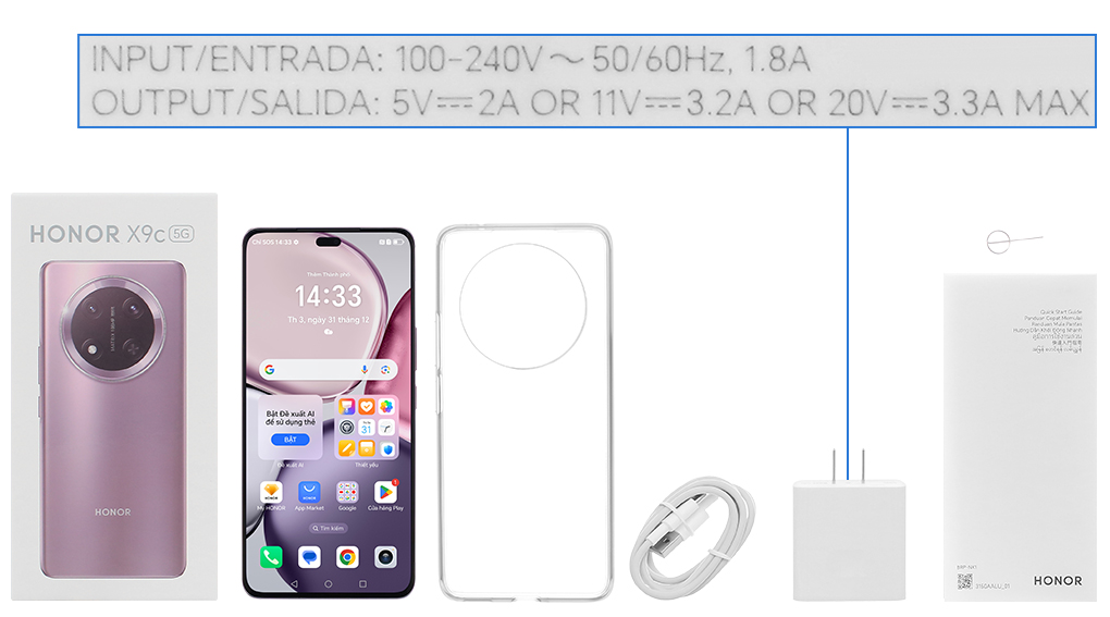 Bộ sản phẩm gồm: Ốp lưng, Hộp, Miếng dán màn hình, Cáp Type C, Cây lấy sim, Củ sạc nhanh rời đầu Type A