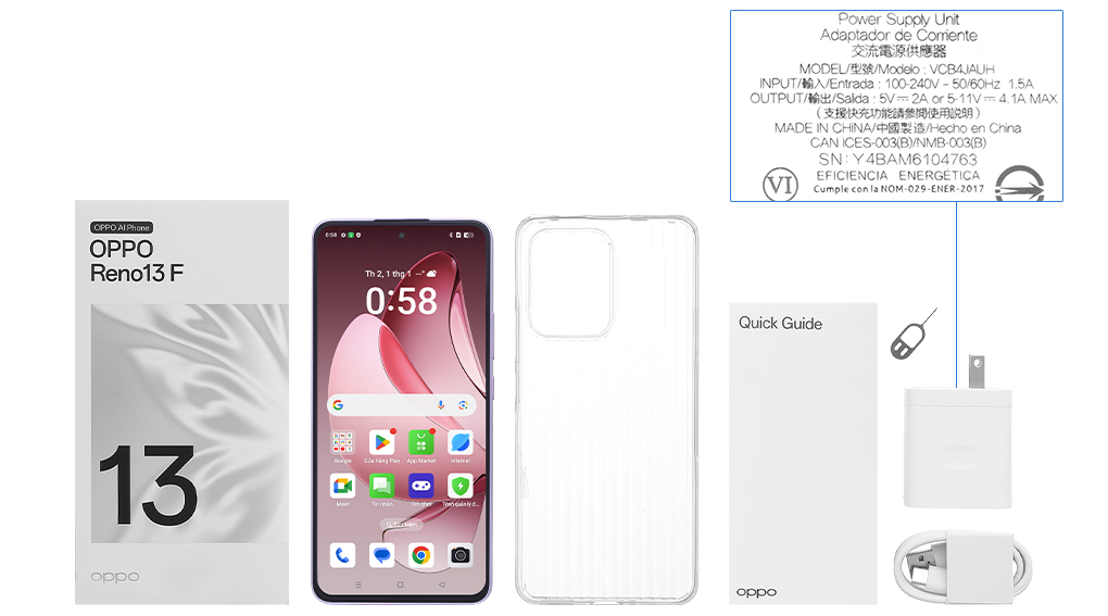 Bộ sản phẩm gồm: Hộp, Sách hướng dẫn, Cây lấy sim, Miếng dán màn hình, Ốp lưng, Cáp Type C, Củ sạc nhanh Type C