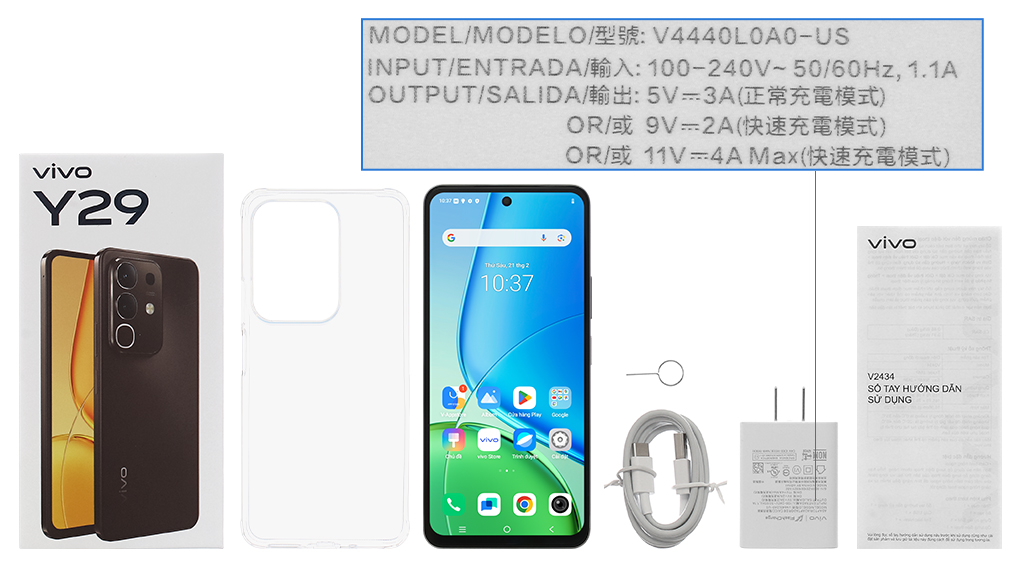 Bộ sản phẩm gồm: Cáp Type C, Củ sạc nhanh rời đầu Type A, Ốp lưng, Sách hướng dẫn, Hộp, Cây lấy sim, Miếng dán màn hình