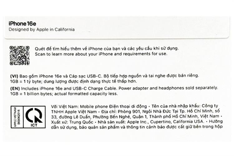 Điện thoại iPhone 16e 512GB Màu Đen