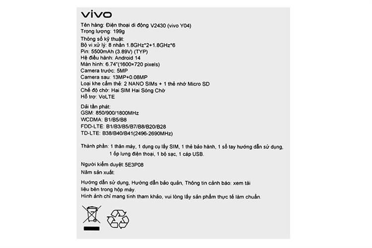 Điện thoại vivo Y04 4GB/128GB Màu Trắng - Vàng