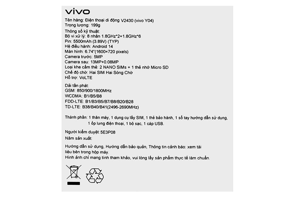 Điện thoại vivo Y04 4GB/128GB Màu Xanh đen