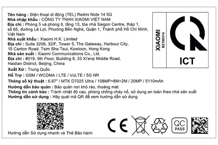 Điện thoại Xiaomi Redmi Note 14 5G 8GB/256GB Màu Đen