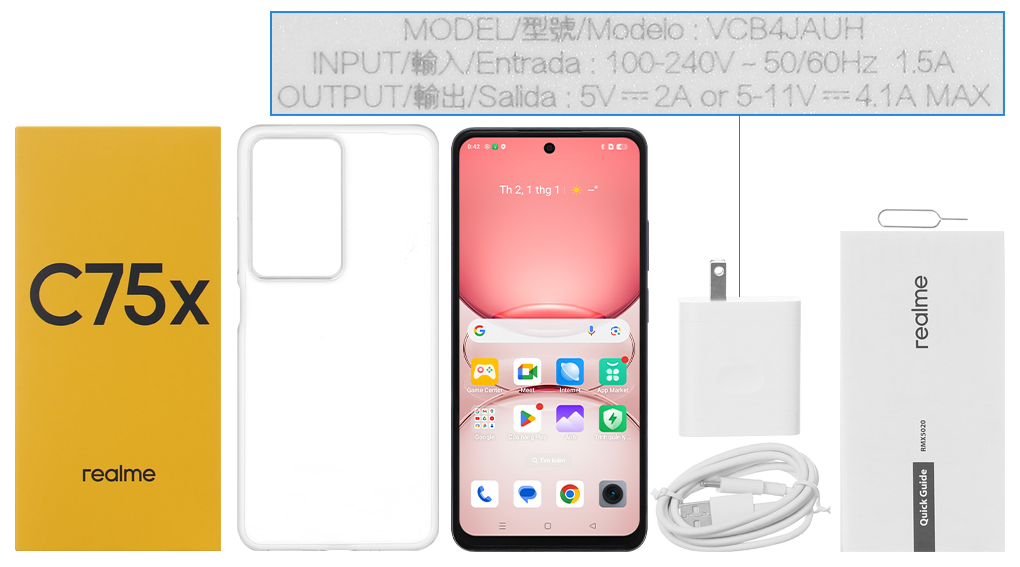 Bộ sản phẩm gồm: Hộp, Sách hướng dẫn, Cây lấy sim, Ốp lưng, Cáp Type C, Củ sạc nhanh rời đầu Type A