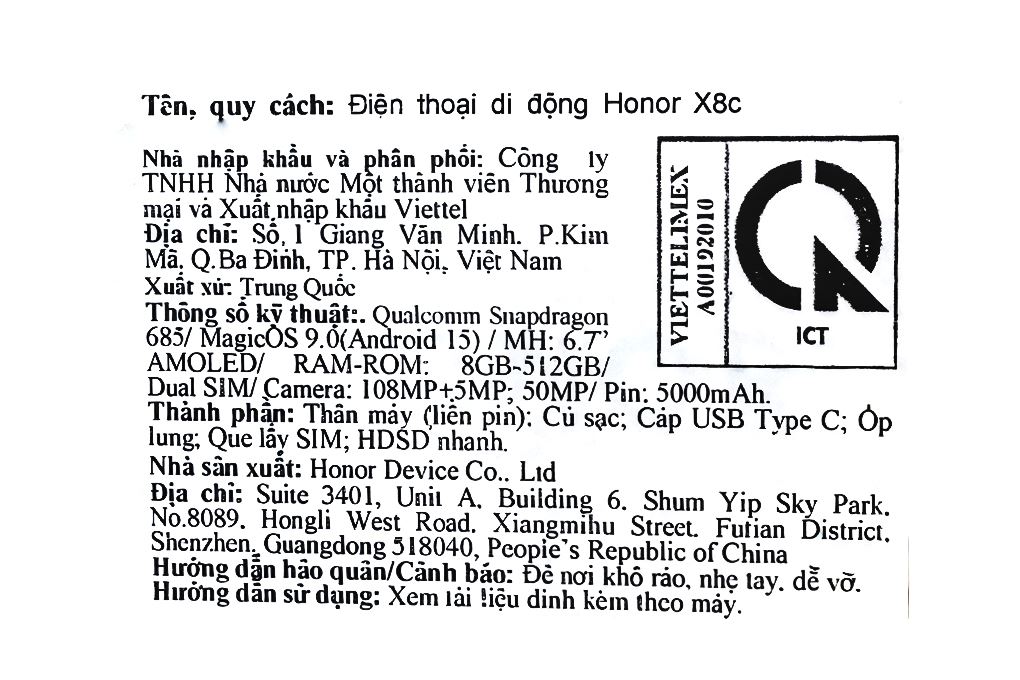 Điện thoại HONOR X8c 8GB/256GB Màu Trắng