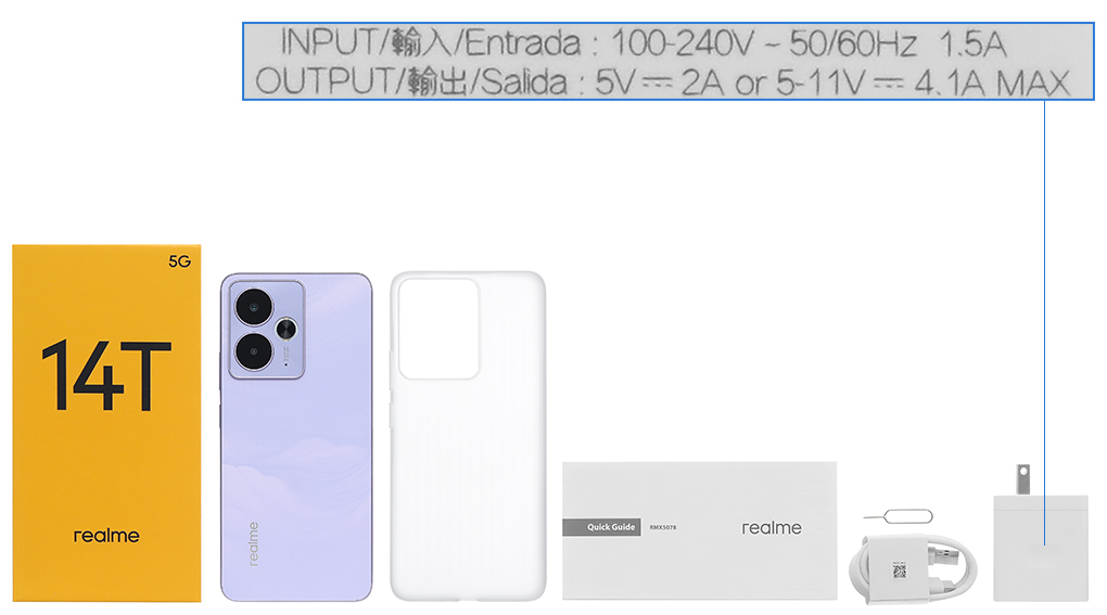 Bộ sản phẩm gồm: Cáp Type C, Củ sạc rời đầu Type A, Cây lấy sim, Hộp, Miếng dán màn hình, Sách hướng dẫn, Ốp lưng