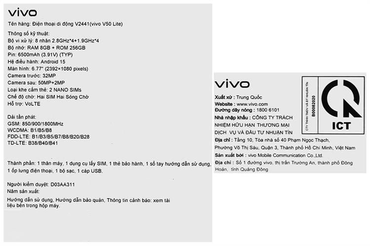 Điện thoại vivo V50 Lite 8GB/256GB Màu Vàng