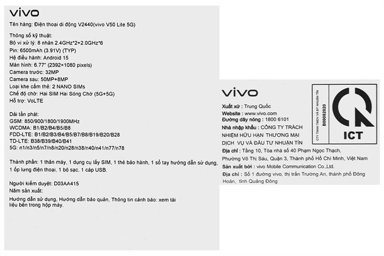 Điện thoại vivo V50 Lite 5G 12GB/256GB Màu Đen