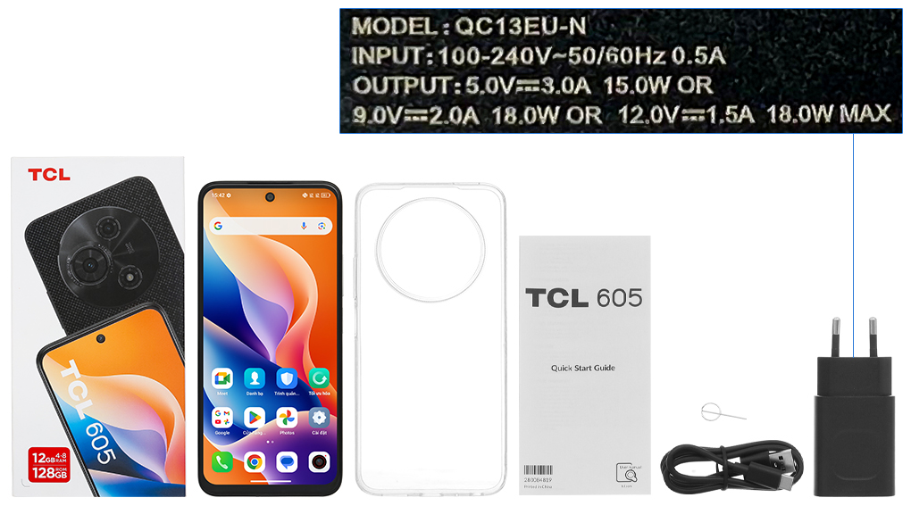 Bộ sản phẩm gồm: Hộp, Sách hướng dẫn, Cây lấy sim, Miếng dán màn hình, Ốp lưng, Cáp Type C, Củ sạc nhanh rời đầu Type A