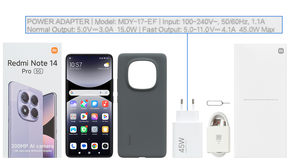 Bộ sản phẩm gồm: Cáp Type C, Cây lấy sim, Củ sạc nhanh rời đầu Type A, Hộp, Sách hướng dẫn, Ốp lưng