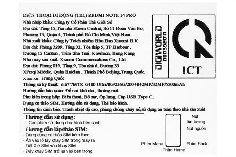 Điện thoại Xiaomi Redmi Note 14 Pro 12GB/256GB Màu Đen