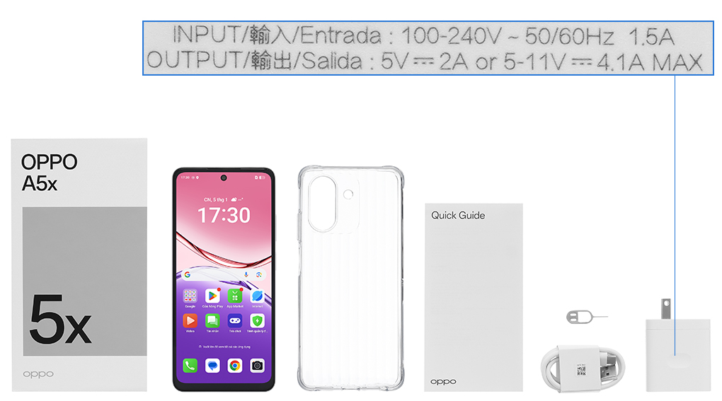 Bộ sản phẩm gồm: Hộp, Sách hướng dẫn, Cáp Type C, Củ sạc nhanh Type C, Ốp lưng, Cây lấy sim