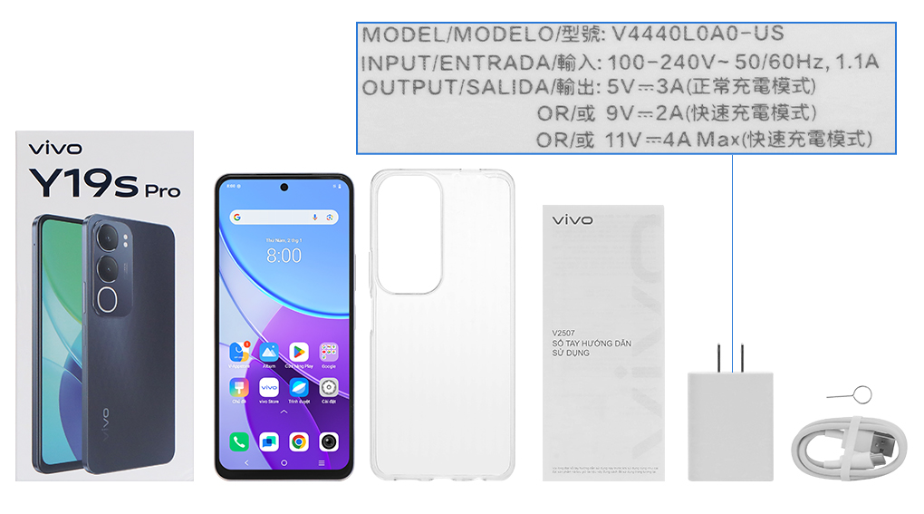 Bộ sản phẩm gồm: Cáp Type C, Củ sạc nhanh rời đầu Type A, Cây lấy sim, Hộp, Miếng dán màn hình, Sách hướng dẫn, Ốp lưng