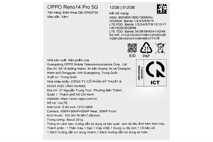 Điện thoại OPPO Reno14 Pro 5G 12GB/512GB Màu Xám