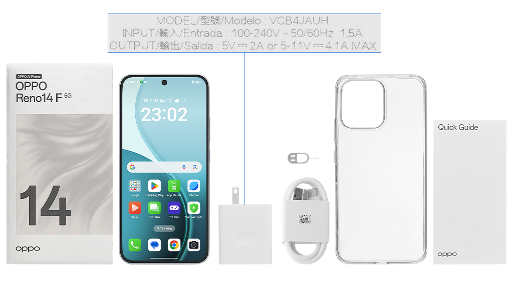 Bộ sản phẩm gồm: Ốp lưng, Sách hướng dẫn, Hộp, Cáp Type C, Cây lấy sim, Củ sạc nhanh rời đầu Type A