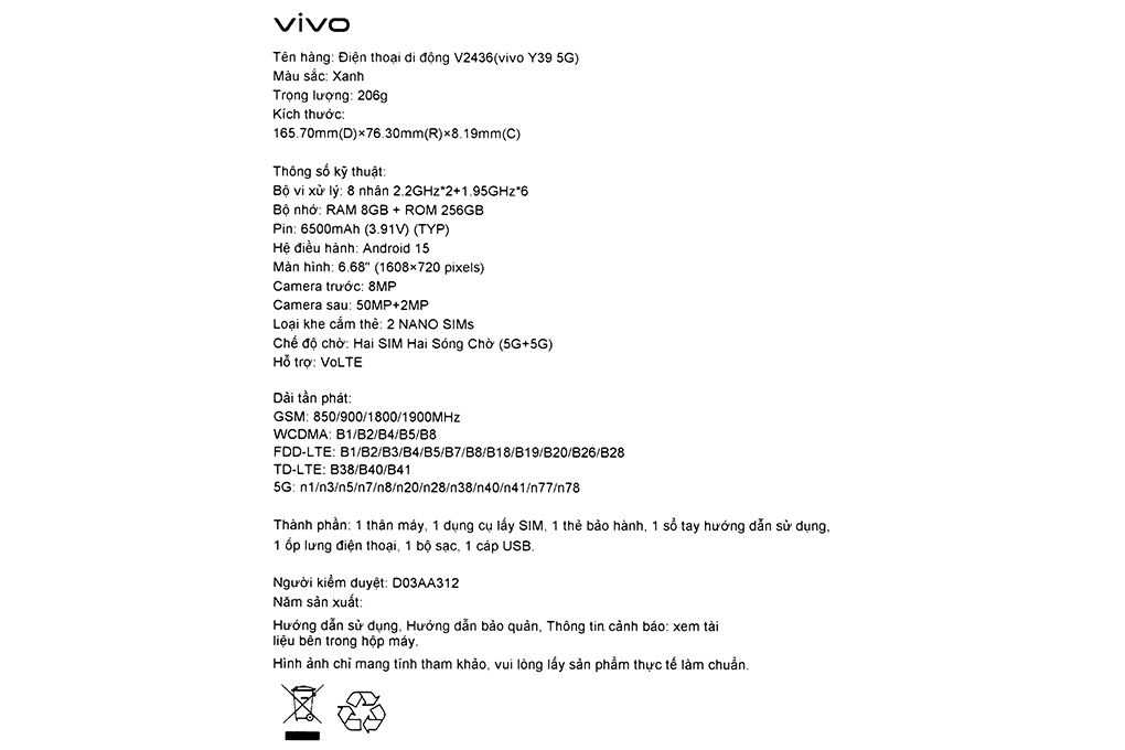 Điện thoại vivo Y39 5G 8GB/256GB Màu Xanh Dương