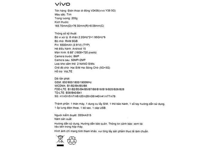 Điện thoại vivo Y39 5G 8GB/256GB Màu Tím