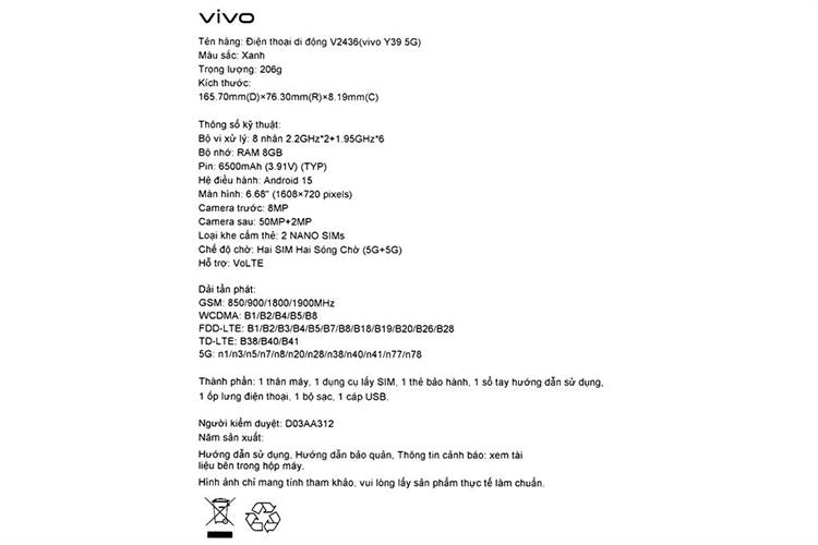 Điện thoại vivo Y39 5G 8GB/128GB Màu Xanh Dương