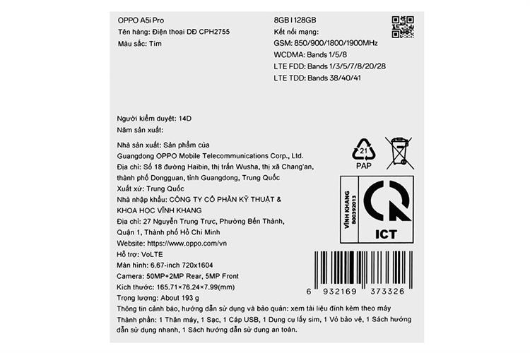 Điện thoại OPPO A5i Pro 8GB/128GB Màu Tím