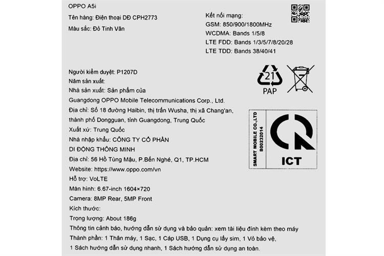 Điện thoại OPPO A5i 4GB/128GB Màu Đỏ