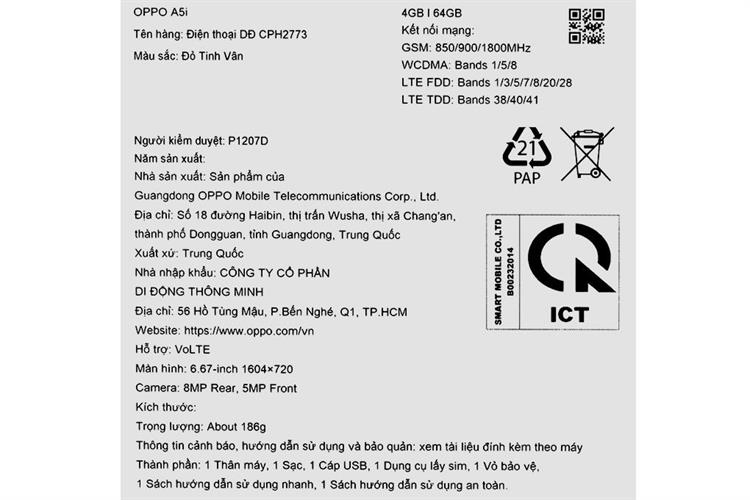 Điện thoại OPPO A5i 4GB/64GB Màu Đỏ