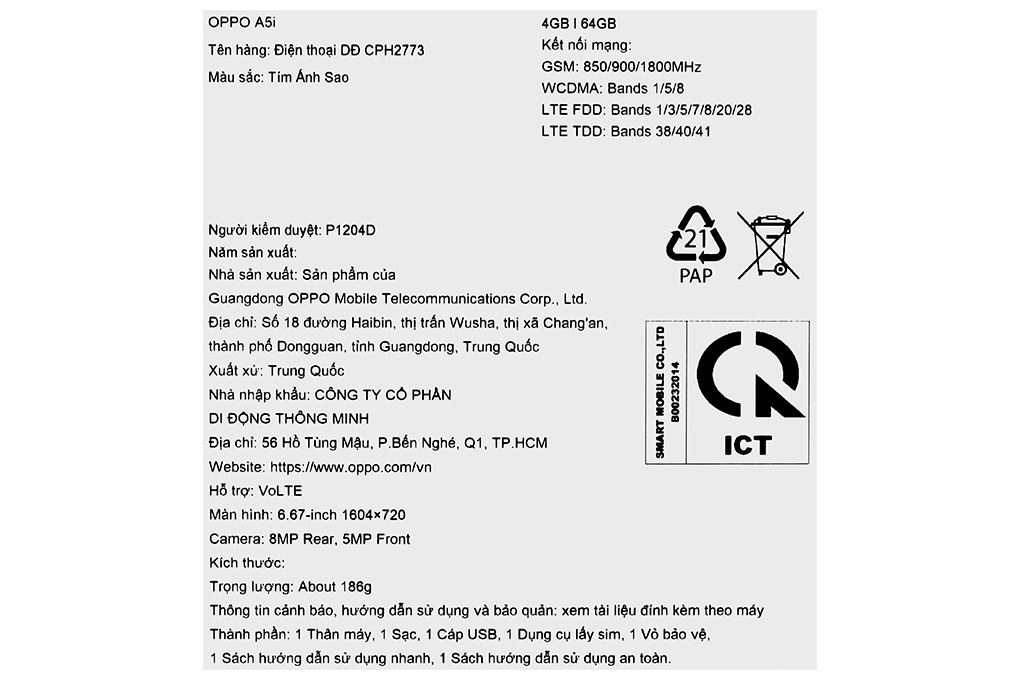 Điện thoại OPPO A5i 4GB/64GB Màu Tím