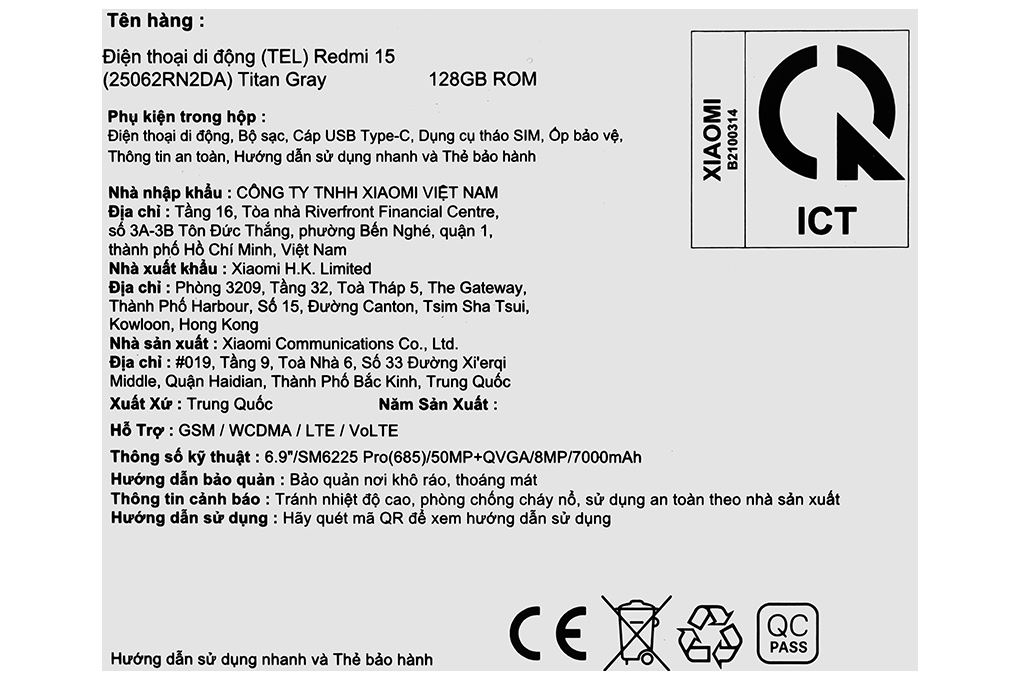Điện thoại Xiaomi Redmi 15 8GB/128GB Màu Xám