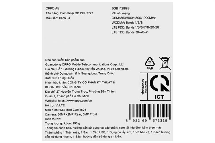 Điện thoại OPPO A5 6GB/128GB Màu Xanh lá