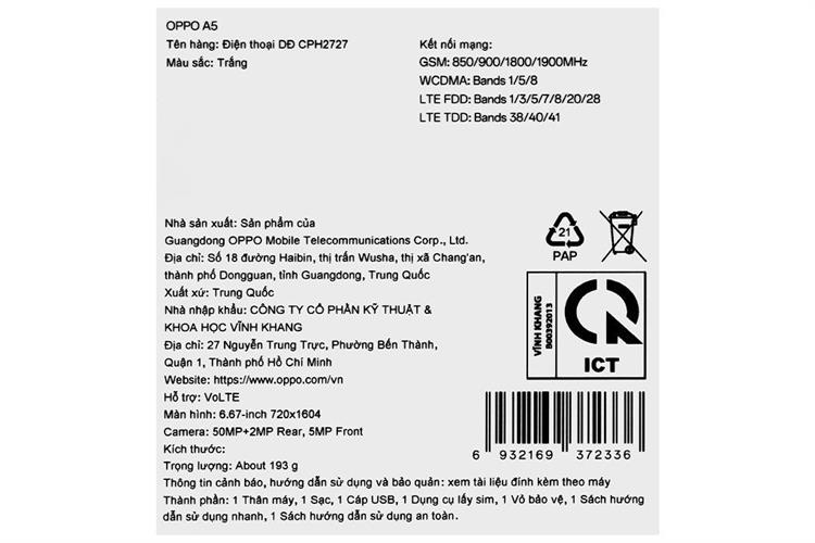 Điện thoại OPPO A5 8GB/128GB Màu Trắng