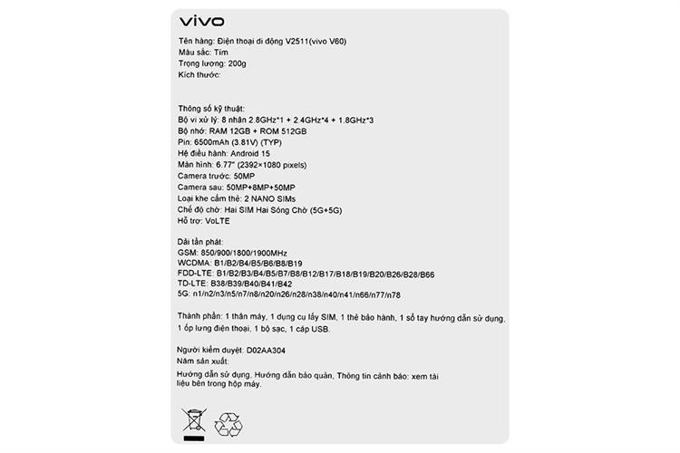 Điện thoại vivo V60 5G 12GB/256GB Màu Tím