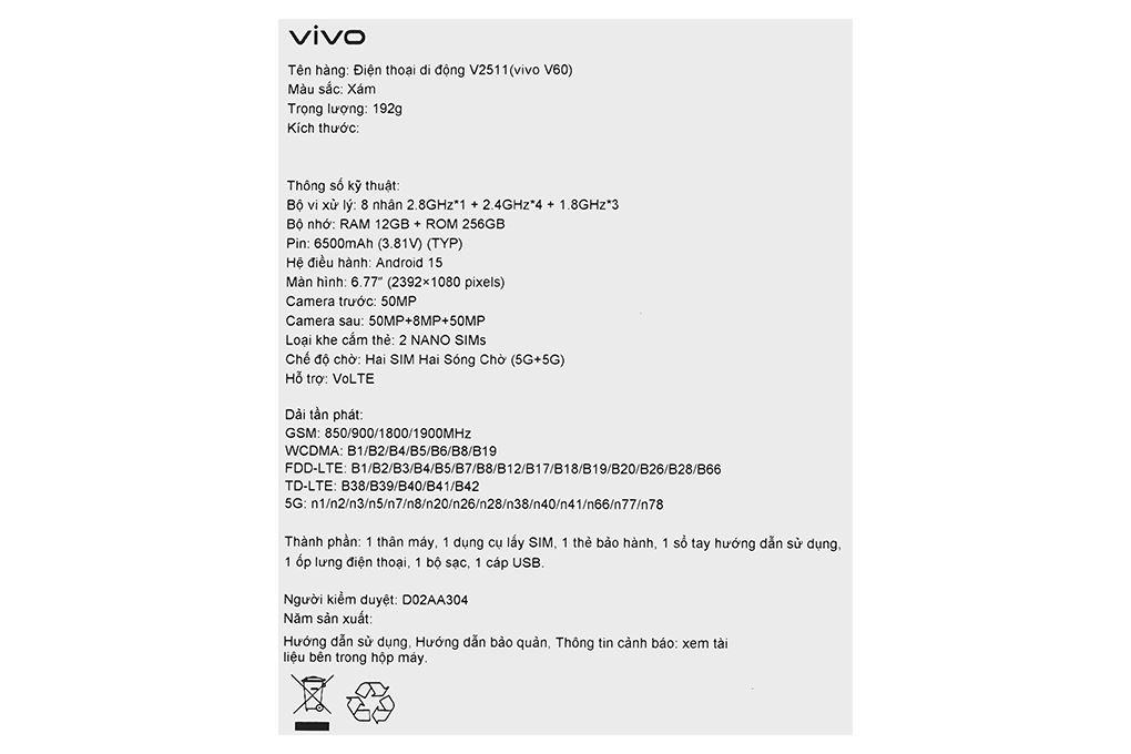 Điện thoại vivo V60 5G 12GB/256GB Màu Xám