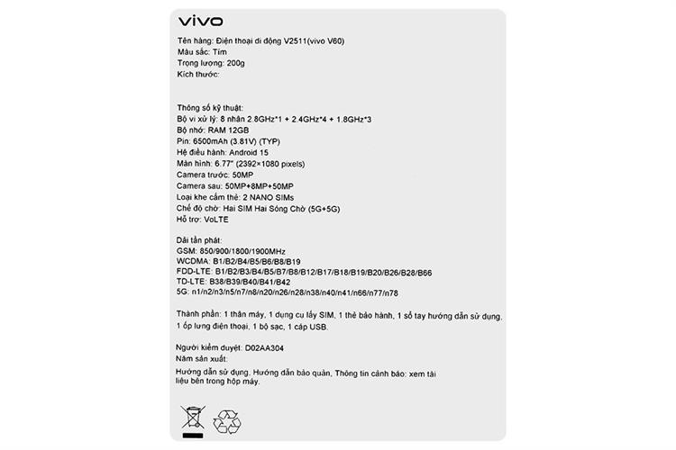 Điện thoại vivo V60 5G 12GB/512GB Màu Tím