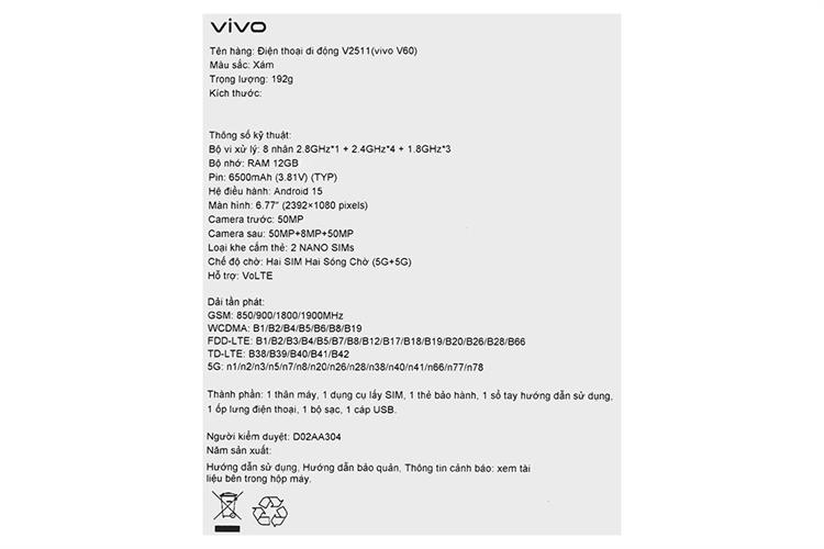 Điện thoại vivo V60 5G 12GB/512GB Màu Xám