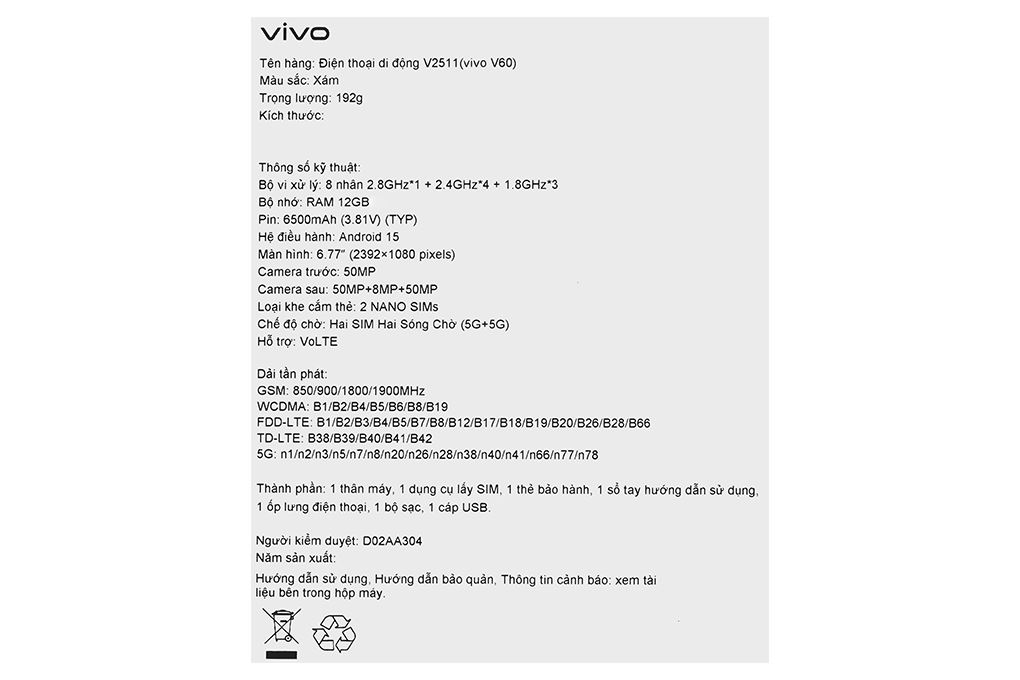Điện thoại vivo V60 5G 12GB/512GB Màu Xám