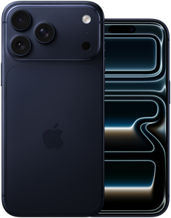Đặt cạnh nhau, iPhone 17 Pro Max, vỏ ngoài mặt sau, hệ thống camera Pro, 3 ống kính, micrô, đèn flash, màu [B28], iPhone 17 Pro, vỏ ngoài mặt trước với thiết kế màn hình toàn phần, màu [B28]