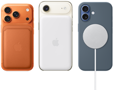 iPhone 17 Pro, back exterior, Cosmic Orange color, with FineWoven Wallet with MagSafe in Fox Orange color; iPhone Air, back exterior, Cloud White color, with MagSafe Battery; iPhone 17, back exterior, Mist Blue color, with Silicone Case in Anchor Blue color and MagSafe Charger